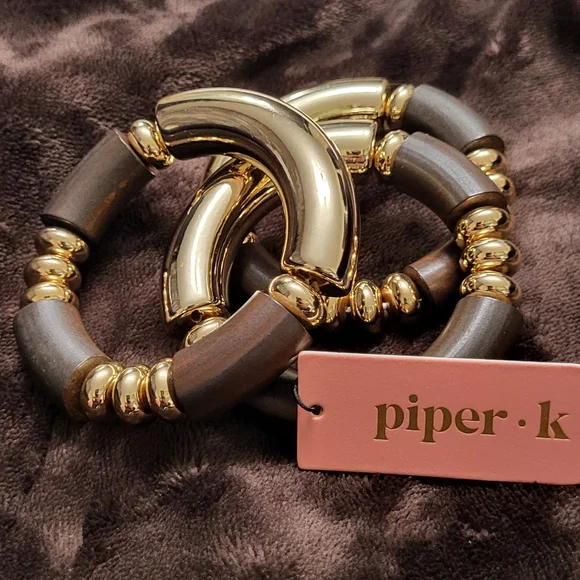 Piper K Set Of 3 Gold and Brown Statement Bracelet with Spherical Embellishments - Picture 10 of 13